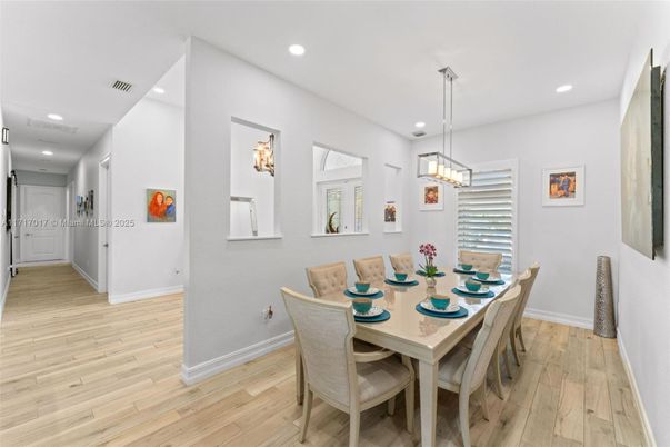 Dining room, Interior, Pendant Lights, Recessed Lighting, Wood Texture Flooring