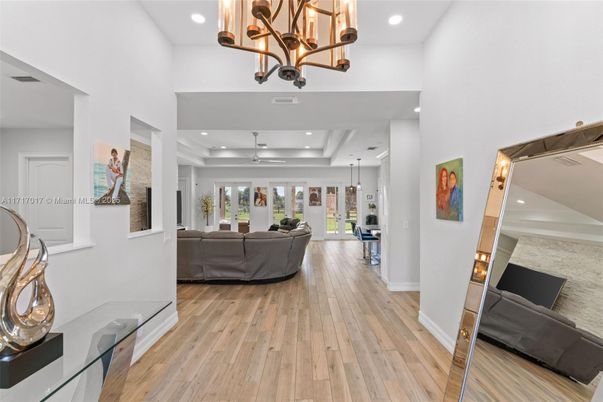 Chandelier, Interior, Living room, Pendant Lights, Recessed Lighting, Wood Texture Flooring