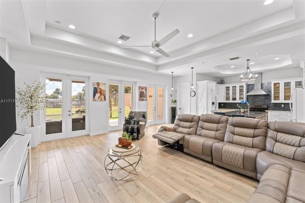 Interior, Kitchen, Living room, Pendant Lights, Recessed Lighting, Stone Walls, Wood Texture Flooring