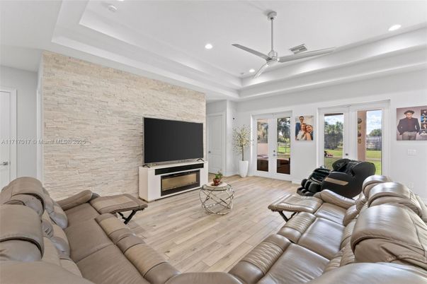 Interior, Living room, Recessed Lighting, Stone Walls, Wood Texture Flooring