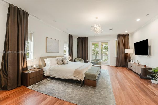 Bedroom, Chandelier, Interior, Recessed Lighting, Wood Texture Flooring