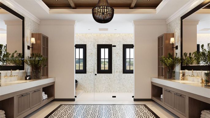 Bathroom, Glass Shower, Interior, Pendant Lights, Recessed Lighting, Wooden Beams, Wooden Ceilings
