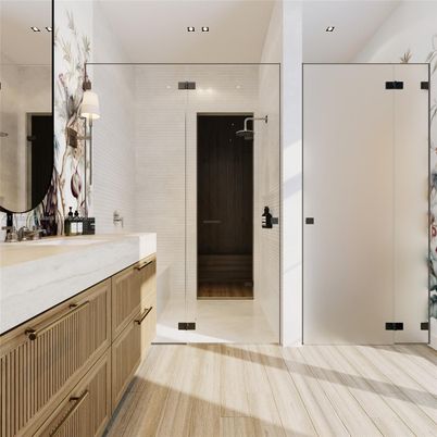 Bathroom, Glass Shower, Interior, Recessed Lighting, Wood Texture Flooring