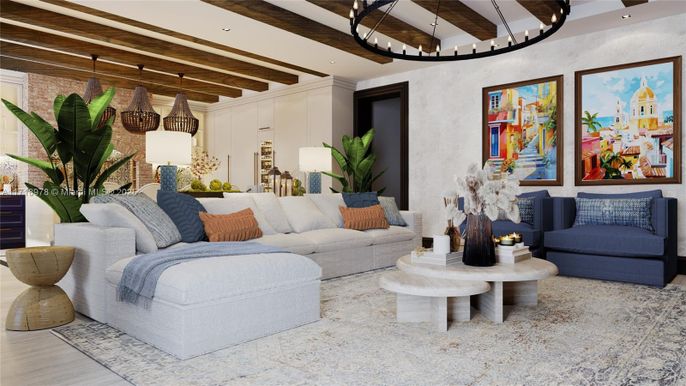 Fireplace, Interior, Living room, Pendant Lights, Recessed Lighting, Stone Walls, Wooden Beams, Wood Texture Flooring