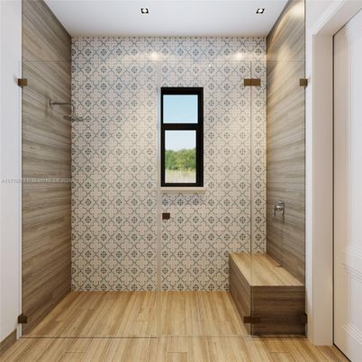 Bathroom, Glass Shower, Interior, Recessed Lighting, Wood Texture Flooring