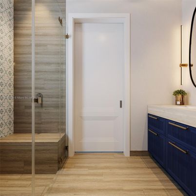 Bathroom, Glass Shower, Interior, Wood Texture Flooring