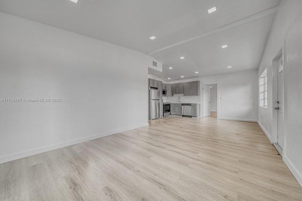 Empty room, Interior, Kitchen, Recessed Lighting, Wood Texture Flooring