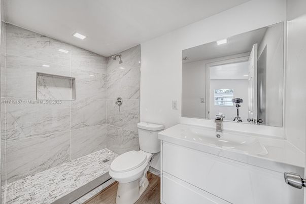 Bathroom, Interior, Marble Walls, Recessed Lighting, Wood Texture Flooring