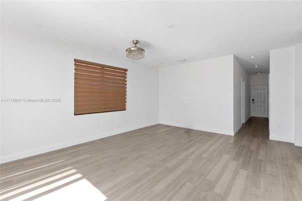 Chandelier, Empty room, Interior, Recessed Lighting, Wood Texture Flooring