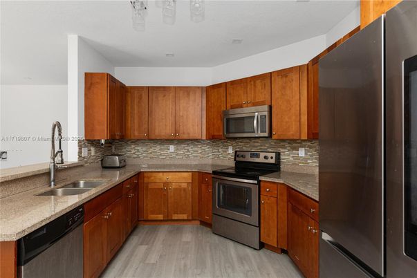 Interior, Kitchen, Stainless Steel Appliances, Wood Texture Flooring
