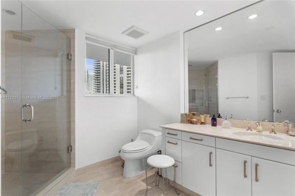 Bathroom, Glass Shower, Interior, Recessed Lighting, Wood Texture Flooring