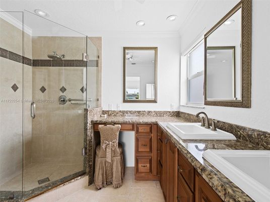 Bathroom, Dual Sink Vanities, Glass Shower, Interior, Recessed Lighting