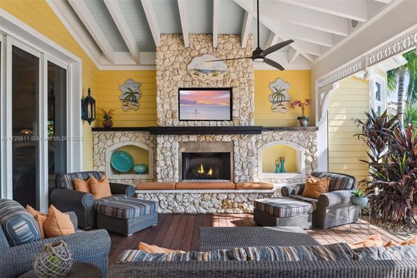 Exterior, Fireplace, Interior, Living room, Stone Walls