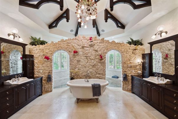 Bathroom, Dual Sink Vanities, Free Standing Baths, Interior, Recessed Lighting, Stone Walls