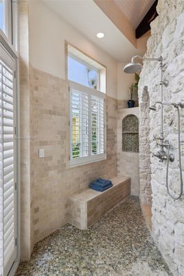 Bathroom, Glass Shower, Interior, Recessed Lighting, Stone Walls, Wooden Beams