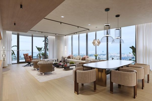 Dining room, Interior, Living room, Pendant Lights, Recessed Lighting, Wood Texture Flooring