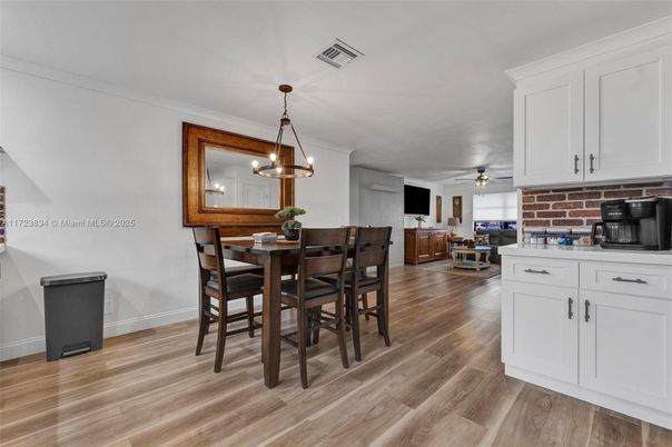 Dining room, Interior, Pendant Lights, Stone Walls, Wood Texture Flooring