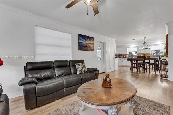 Dining room, Interior, Kitchen, Living room, Pendant Lights, Wood Texture Flooring