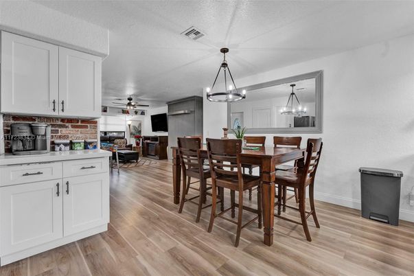 Dining room, Interior, Kitchen, Pendant Lights, Stone Walls, Wood Texture Flooring