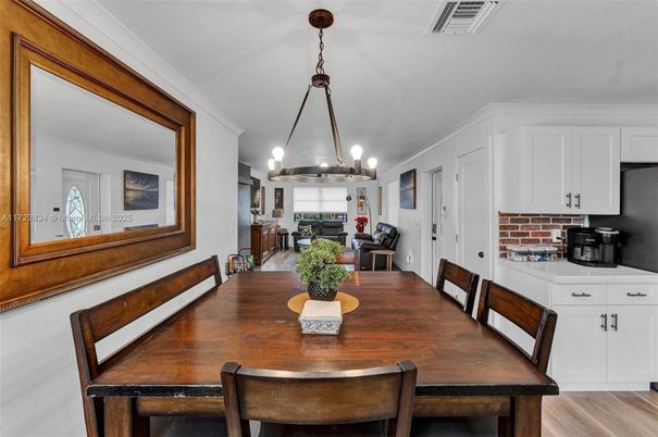 Dining room, Interior, Kitchen, Living room, Pendant Lights, Wood Texture Flooring