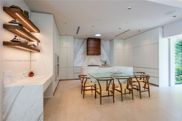 Dining room, Interior, Kitchen, Marble Walls, Recessed Lighting