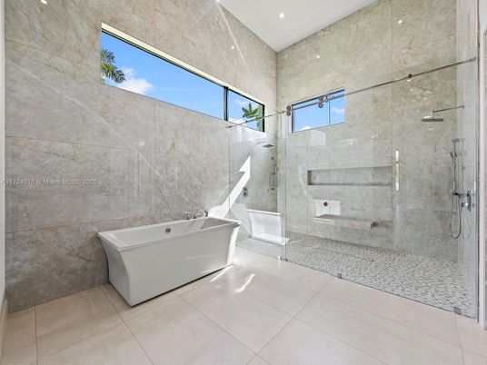 Bathroom, Free Standing Baths, Glass Shower, Interior, Recessed Lighting