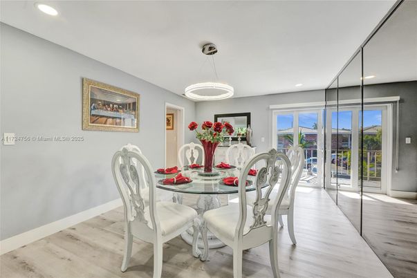 Dining room, Interior, Pendant Lights, Recessed Lighting, Wood Texture Flooring