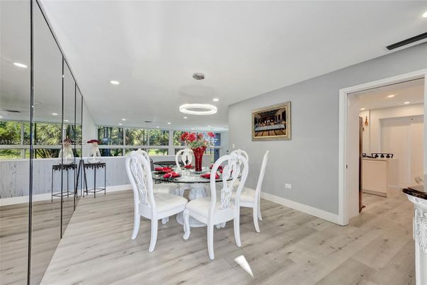 Dining room, Interior, Pendant Lights, Recessed Lighting, Wood Texture Flooring