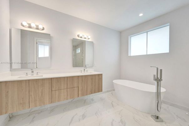 Bathroom, Dual Sink Vanities, Free Standing Baths, Interior, Marble, Recessed Lighting
