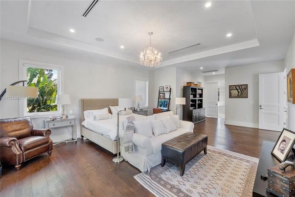 Bedroom, Chandelier, Interior, Recessed Lighting, Wood Texture Flooring