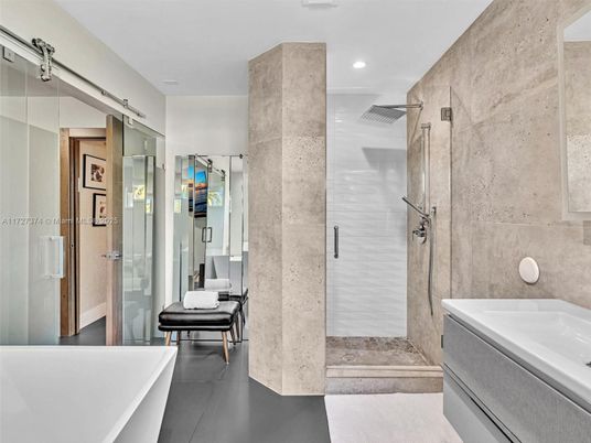Bathroom, Free Standing Baths, Glass Shower, Interior, Recessed Lighting