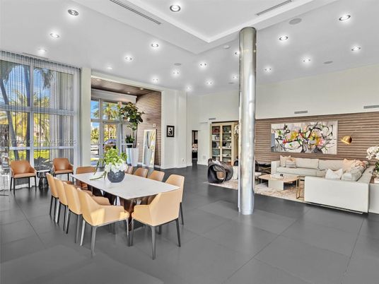 Dining room, Interior, Living room, Recessed Lighting, Stone Walls