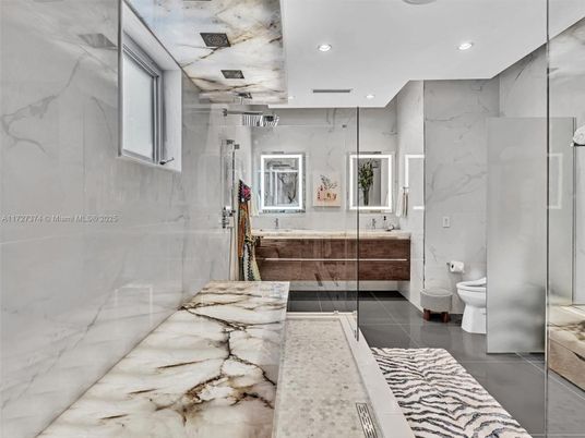Bathroom, Glass Shower, Interior, Marble Walls, Recessed Lighting
