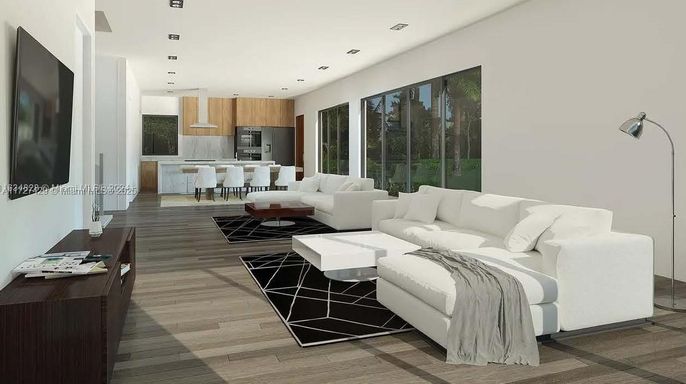 Interior, Kitchen, Living room, Recessed Lighting, Stainless Steel Appliances, Wood Texture Flooring