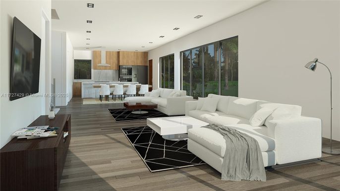 Interior, Kitchen, Living room, Recessed Lighting, Wood Texture Flooring