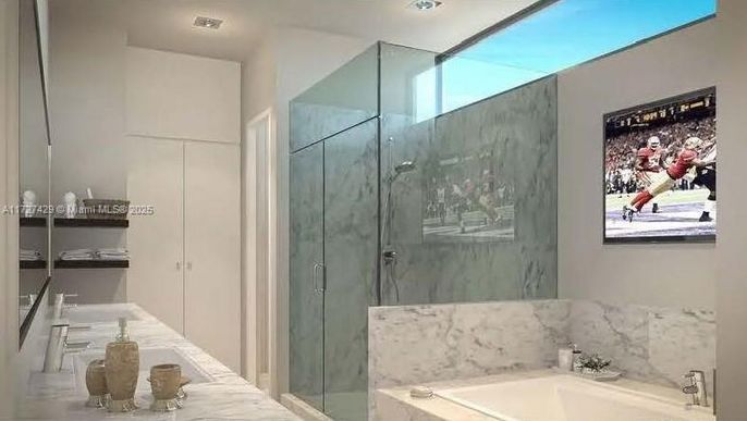 Bathroom, Glass Shower, Interior, Marble, Marble Walls, Recessed Lighting