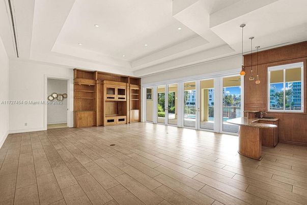 Empty room, Interior, Pendant Lights, Recessed Lighting, Wood Texture Flooring