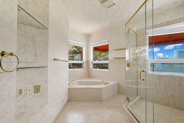 Bathroom, Glass Shower, Interior, Marble Walls, Recessed Lighting
