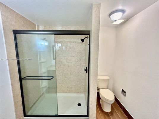 Bathroom, Glass Shower, Interior, Wood Texture Flooring