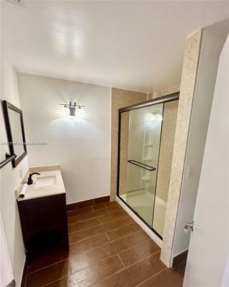Bathroom, Glass Shower, Interior, Wood Texture Flooring