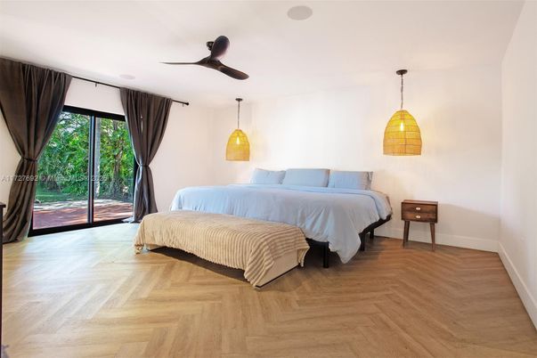 Bedroom, Interior, Pendant Lights, Wood Texture Flooring
