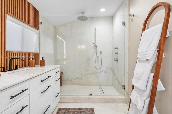 Bathroom, Glass Shower, Interior, Marble, Marble Walls, Recessed Lighting