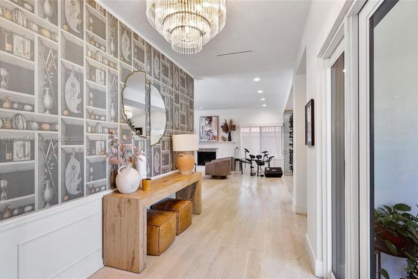 Chandelier, Fireplace, Interior, Living room, Recessed Lighting, Wood Texture Flooring