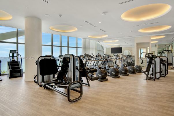 Fitness Equipment, Gym, Interior, Recessed Lighting, Wood Texture Flooring