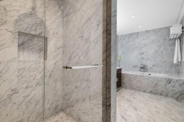 Bathroom, Glass Shower, Interior, Marble, Marble Walls, Recessed Lighting