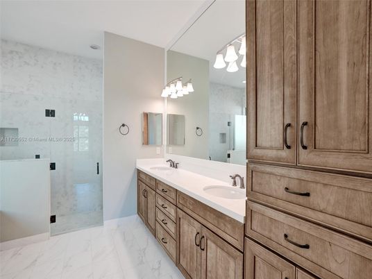 Bathroom, Dual Sink Vanities, Glass Shower, Interior, Marble
