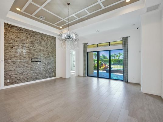 Empty room, Interior, Pendant Lights, Recessed Lighting, Stone Walls, Wood Texture Flooring