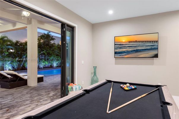 Billiard Table, Game Room, Interior, Recessed Lighting, Wood Texture Flooring