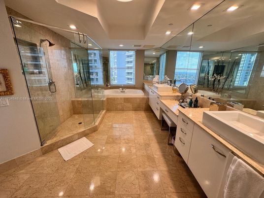Bathroom, Dual Sink Vanities, Glass Shower, Interior, Recessed Lighting