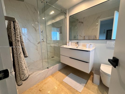 Bathroom, Glass Shower, Interior, Marble Walls, Recessed Lighting